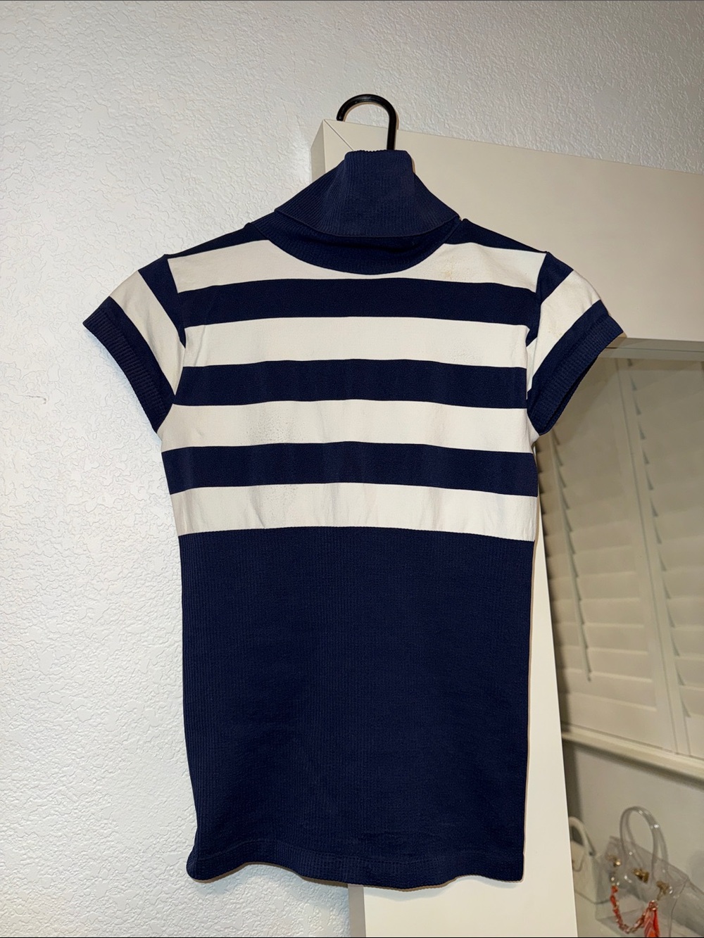 bebe Navy & White Striped Short Sleeve Turtle Neck Top